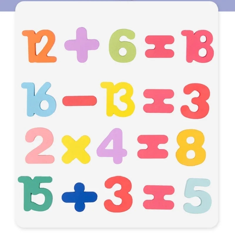 A puzzle board featuring colorful wooden alphabet numbers and shapes for toddlers.