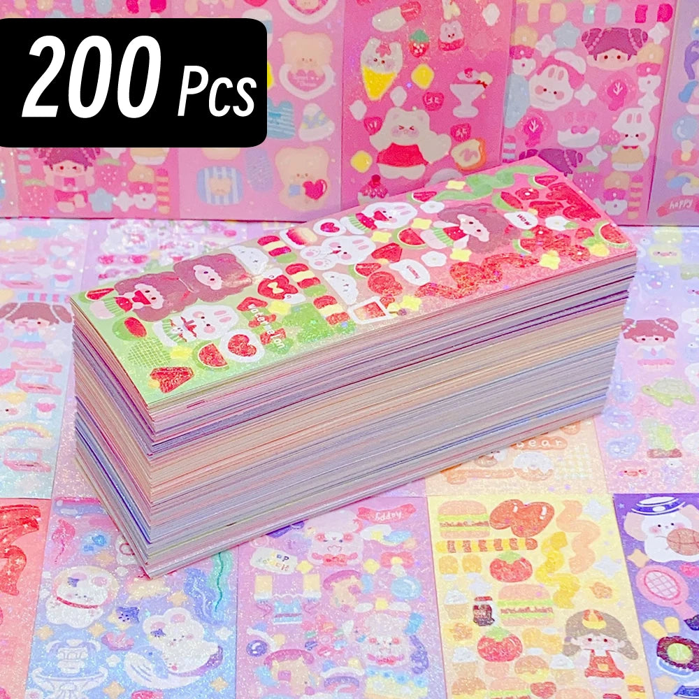 A stack of 200 kawaii sticker sheets in various pastel colors and designs for crafting projects.