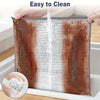 A hand is rinsing a brown steel wire scrubber dishcloth in a sink, demonstrating its easy to clean feature.