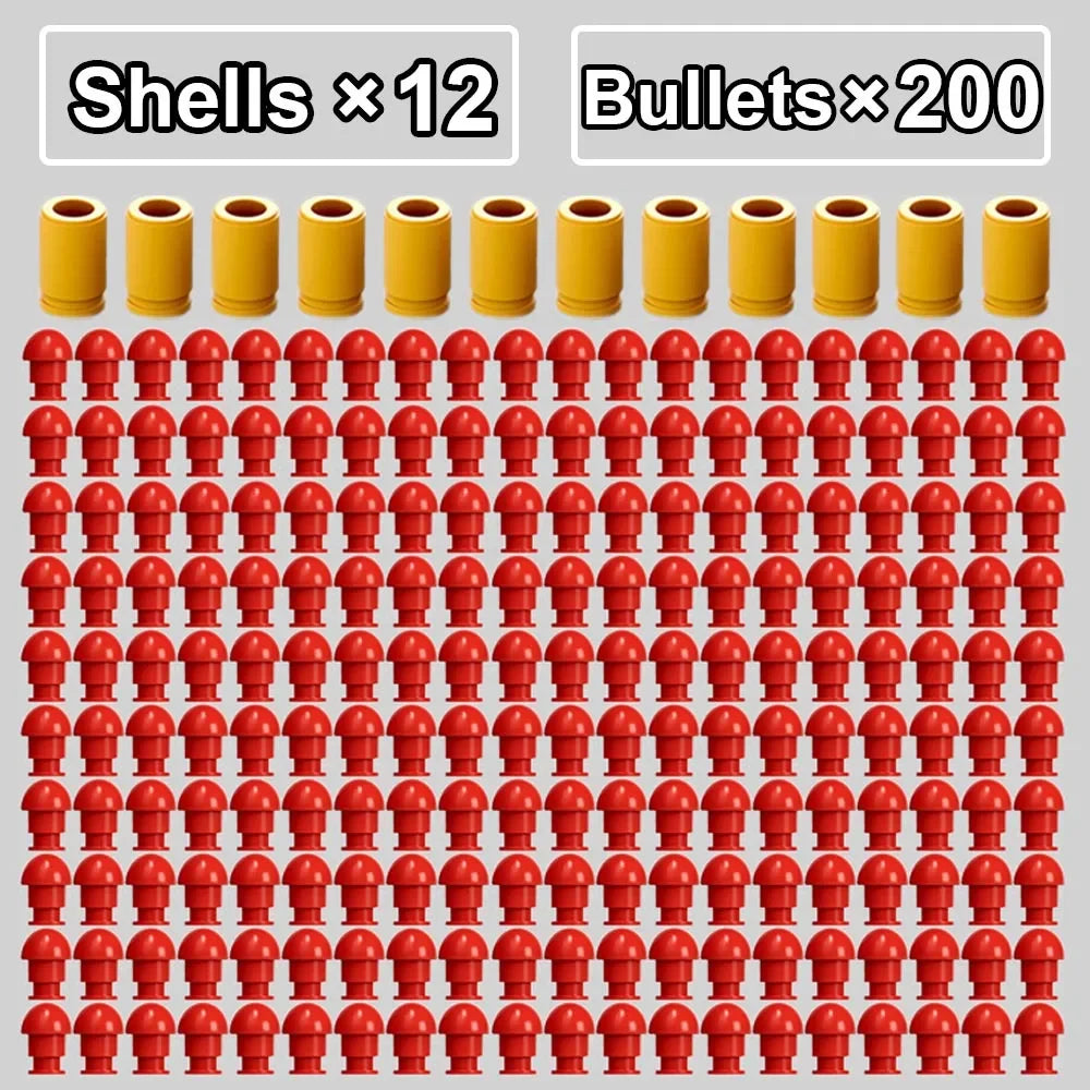 A grid of 30 red toy gun shells and 200 yellow bullets for various pistol models.