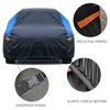 Black all-weather waterproof car cover featuring reflective stripes and elastic cord at the bottom