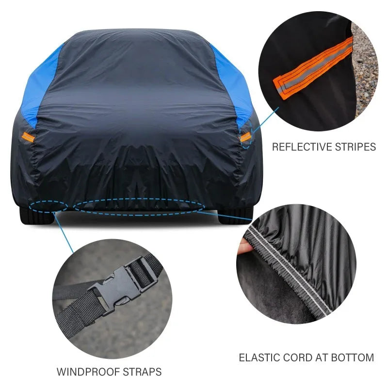 Black all-weather waterproof car cover featuring reflective stripes and elastic cord at the bottom
