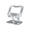 A silver foldable tablet stand with a rotating mechanism for viewing.