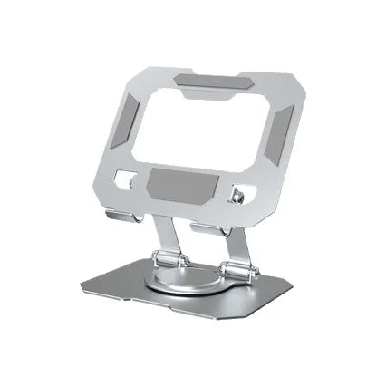 A silver foldable tablet stand with a rotating mechanism for viewing.