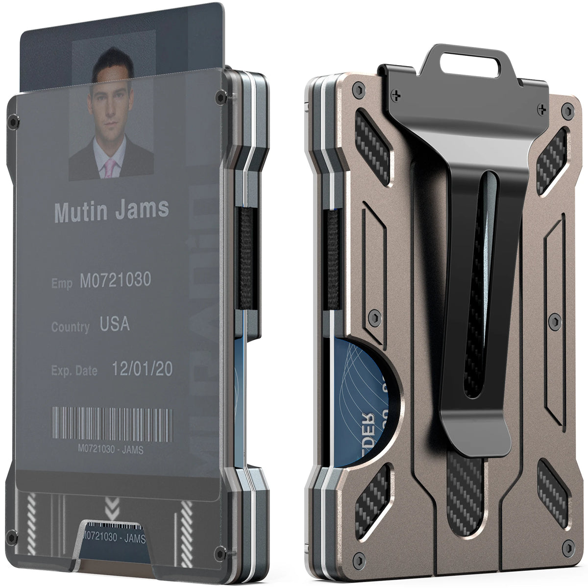 A slim aluminum RFID wallet with a money clip shown in two views, featuring a dark gray finish and a transparent card slot.