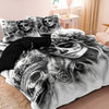 A black and white duvet cover featuring a detailed sugar skull design with floral accents.