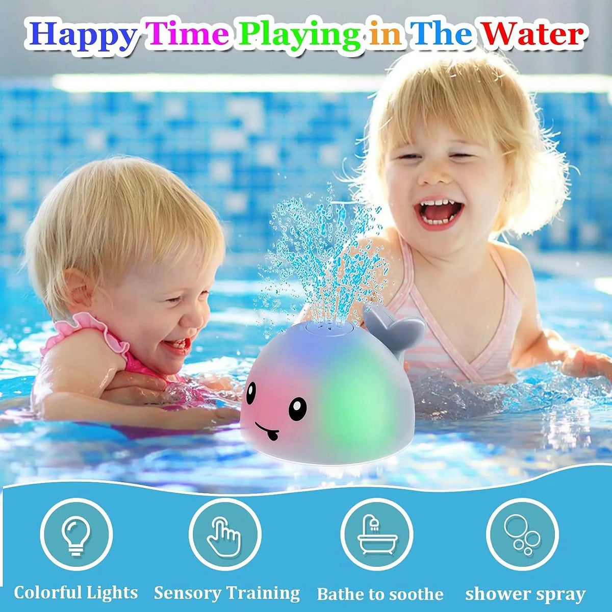 A baby is playing in water with a light-up whale bath toy that sprays water and provides sensory training.