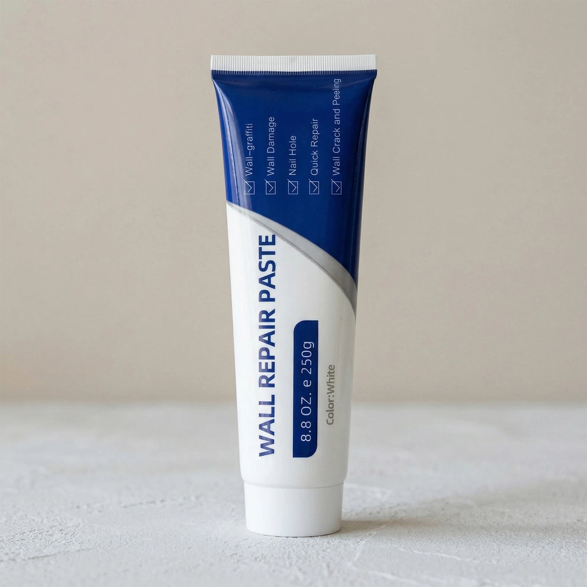 A tube of Wall Repair Paste contains a scraper, nail hole, and quick repair tools for drywall fixes.