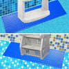 A white non-slip swimming pool ladder mat with a textured surface placed on a blue tiled floor.