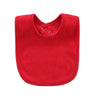 A bright red soft cotton baby bib with a rounded neckline and a small button closure.