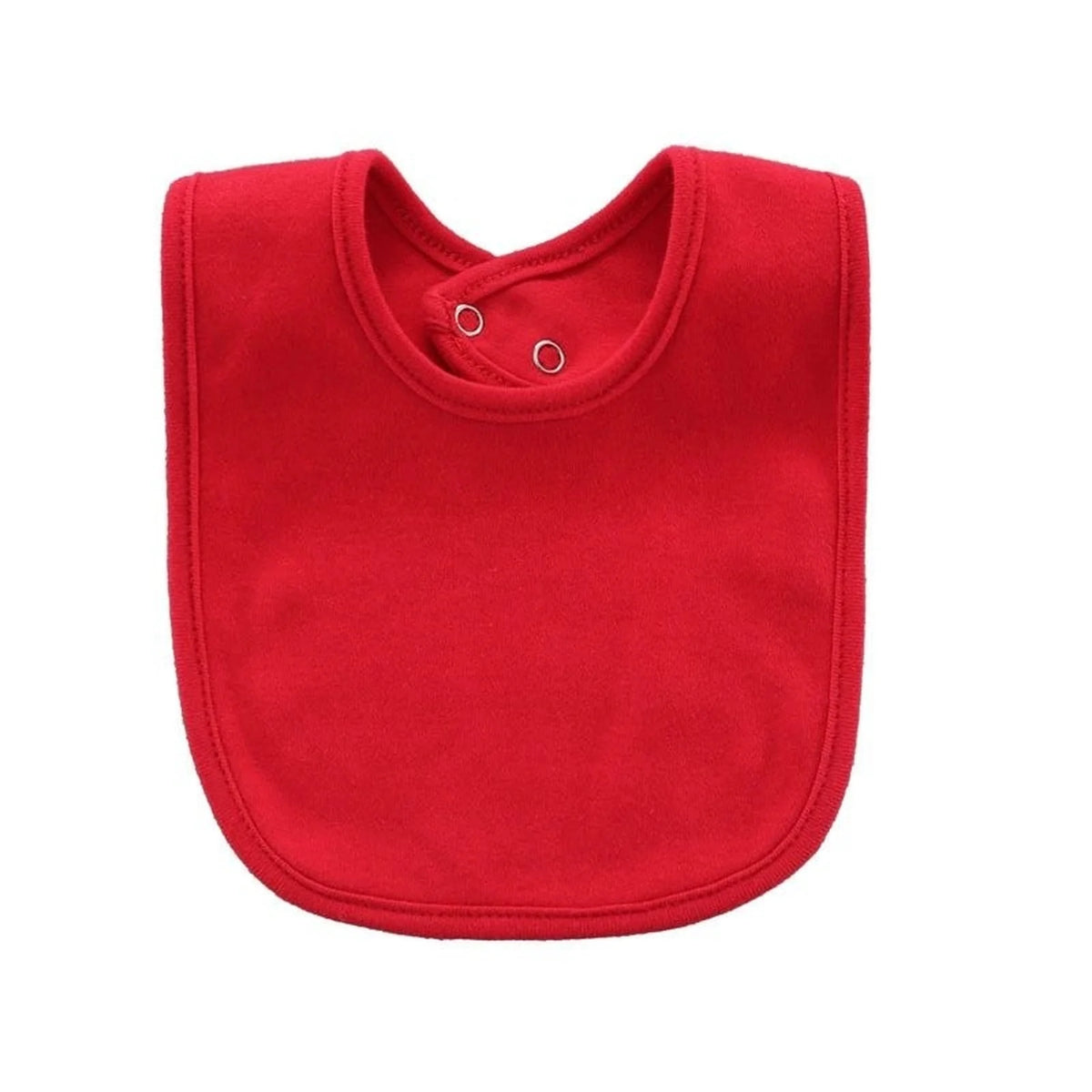 A bright red soft cotton baby bib with a rounded neckline and a small button closure.