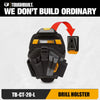 A black ClipTech Heavy-Duty Drill Holster is shown with a yellow accent and a red arrow pointing to the product.