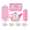 A pink kids pretend play tea set featuring a teapot, cups, and a serving tray with floral designs.