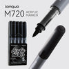 A Languo M720 acrylic marker set in black, showing a single marker and a packaged set of five markers.