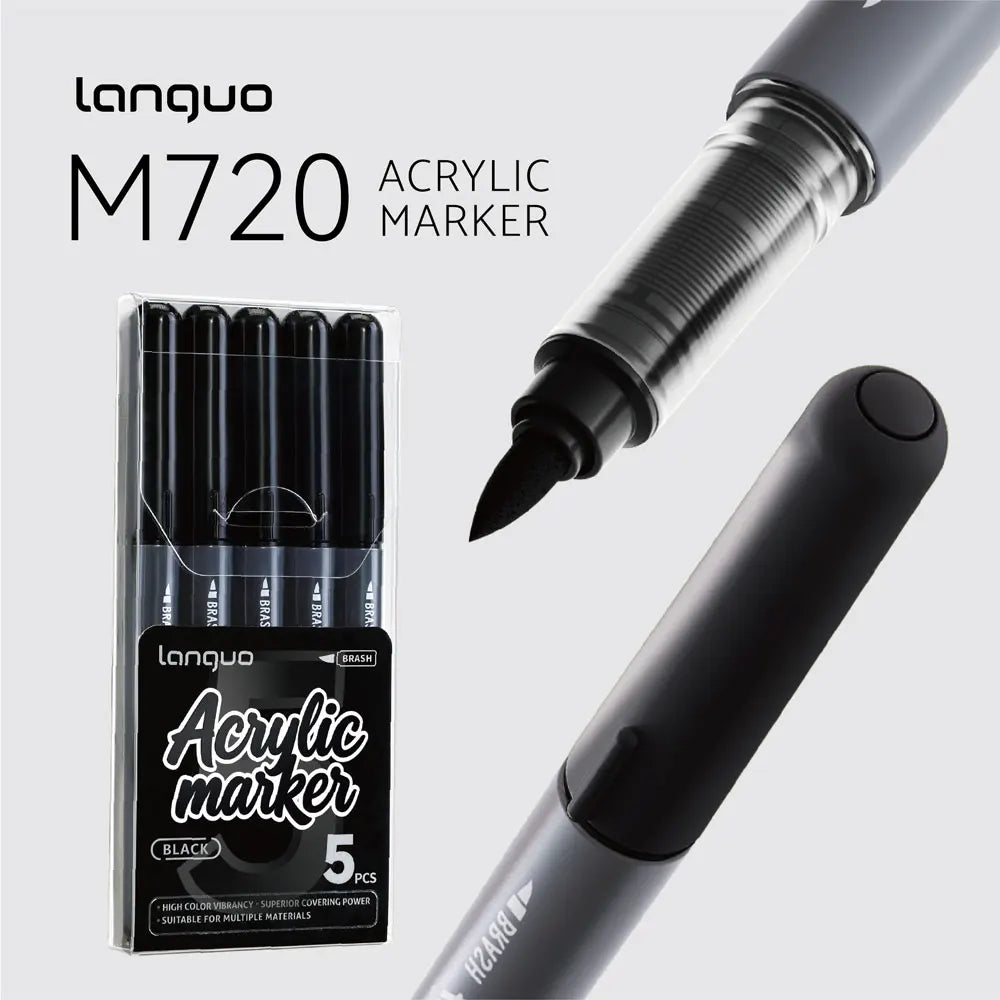 A Languo M720 acrylic marker set in black, showing a single marker and a packaged set of five markers.