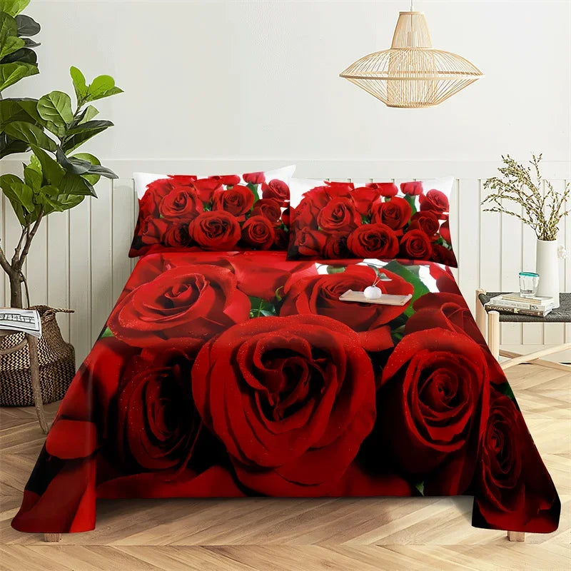 A vibrant red rose digital print bedding set featuring large roses on a bed.