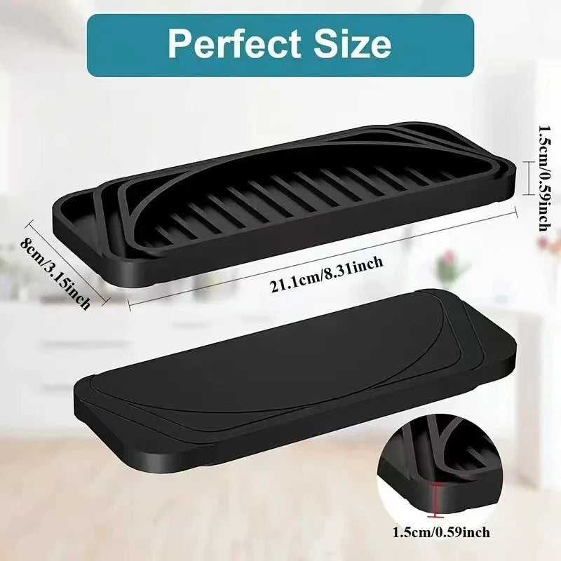 Black silicone refrigerator drip tray with raised ridges shown in various sizes.
