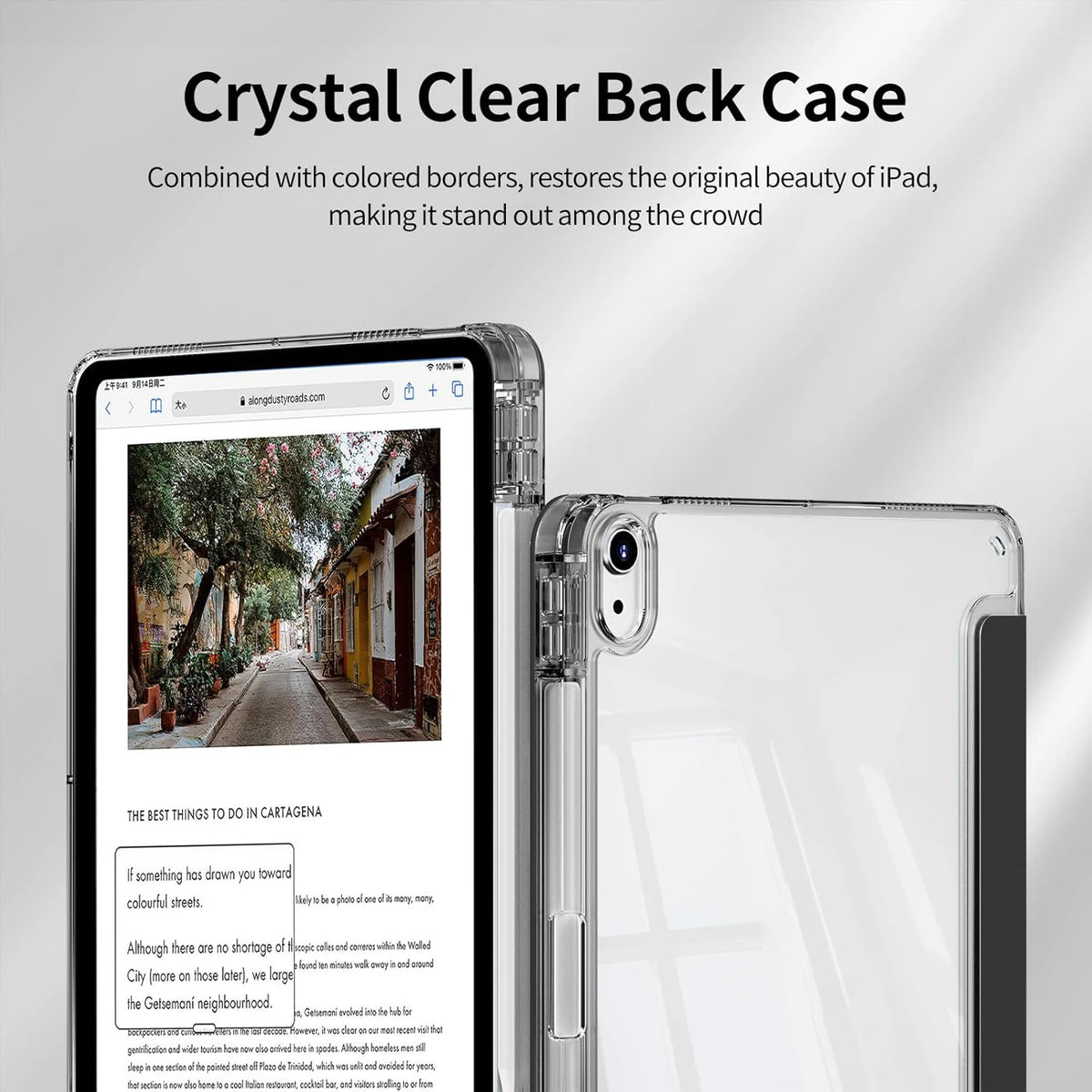 A clear back case for an iPad showing a screen with text and an image.