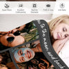 A woman is relaxing while looking at a custom photo blanket featuring pictures of people.