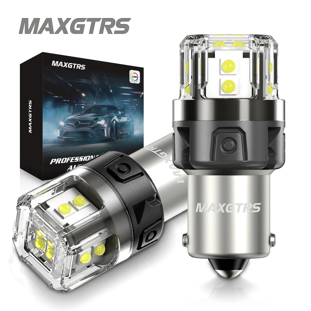 A MAXGTRS LED bulb for vehicle lights shown next to its packaging box.