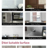 A guide showing suitable and unsuitable surfaces for self-adhesive aluminum foil wallpaper, including tiles, wood, electrical
