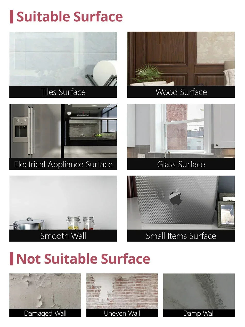 A guide showing suitable and unsuitable surfaces for self-adhesive aluminum foil wallpaper, including tiles, wood, electrical