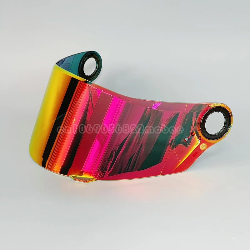 A replacement motorcycle helmet visor with a vibrant, iridescent rainbow gradient finish.
