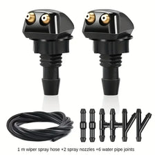 Black universal windshield washer hose connector kit with a hose and multiple spray nozzles