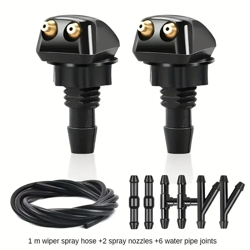 Black universal windshield washer hose connector kit with a hose and multiple spray nozzles