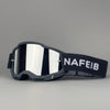 A pair of black professional MX off-road goggles with a dark lens and a strap marked NAFEIB.