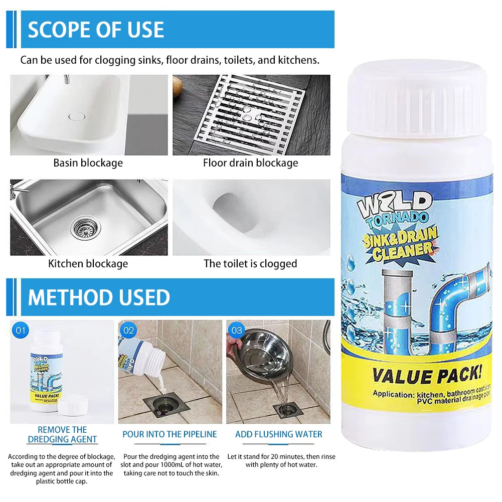 A bottle of Weld Tornado Sink and Drain Cleaner with instructions for unclogging drains.