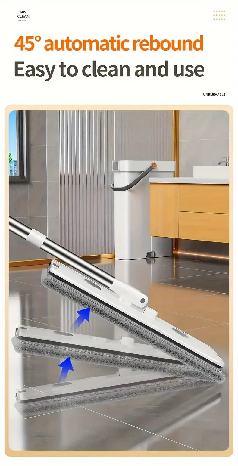 A close-up view of an ultra-slim flat mop and bucket set with a self-cleaning wringer being used on a reflective floor.