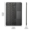 A black iPad case with a detachable wireless Bluetooth keyboard shown next to its dimensions.