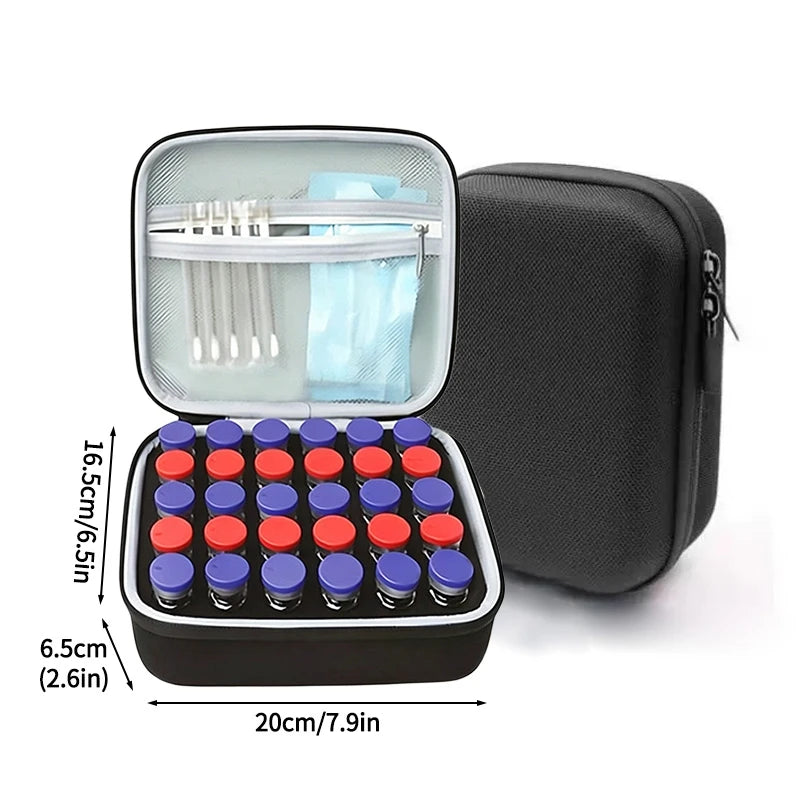 A portable insulin and peptide vial storage case with an open compartment holding multiple sterile needles and a separate con