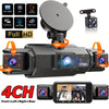 A black 4-channel dash camera with a wide-angle lens and various recording features is shown.