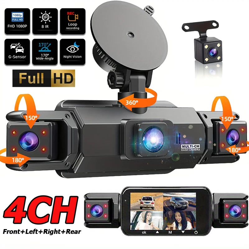 A black 4-channel dash camera with a wide-angle lens and various recording features is shown.