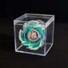 A Valkyrie Volt S4-70V metal spinning top with launcher displayed inside a clear plastic box.