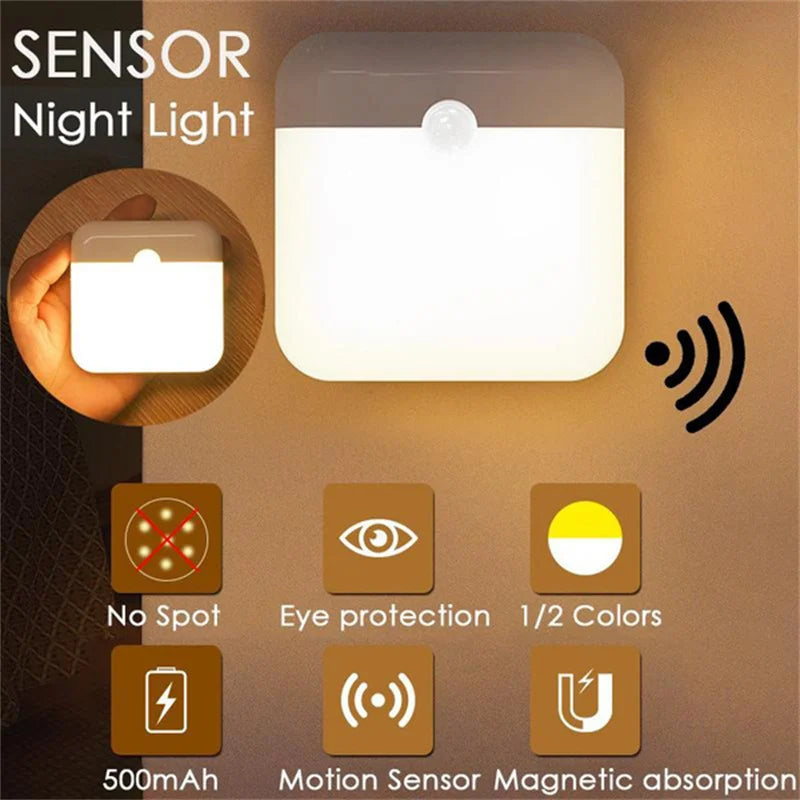 A white sensor night light device is shown next to icons detailing its features like eye protection and magnetic absorption.