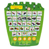 A green learning pad featuring various vehicle icons and related equipment for bilingual education.