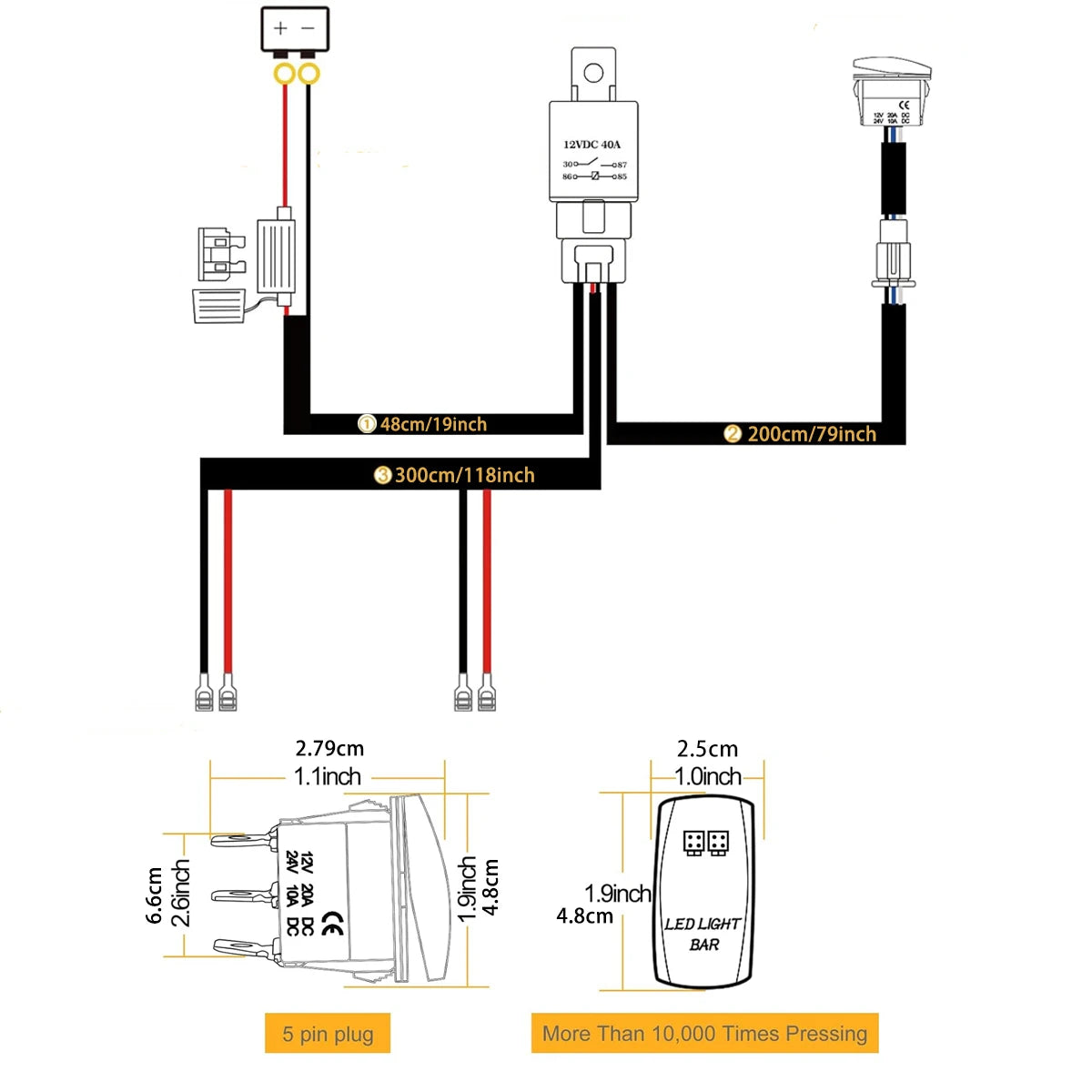 Heavy Duty 12V LED Light Bar Wiring Harness Kit with Rocker Switch and Relay
