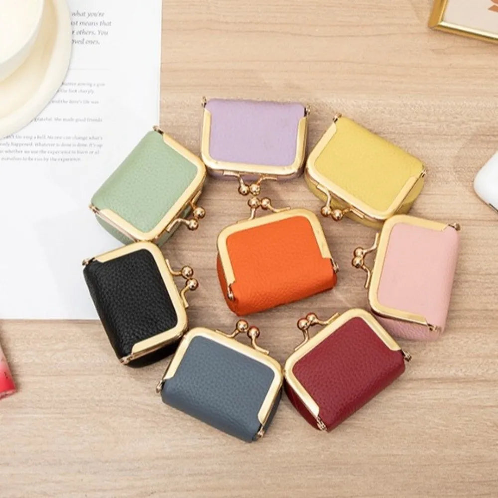 Genuine Leather Kiss Lock Coin Purse with Key Ring