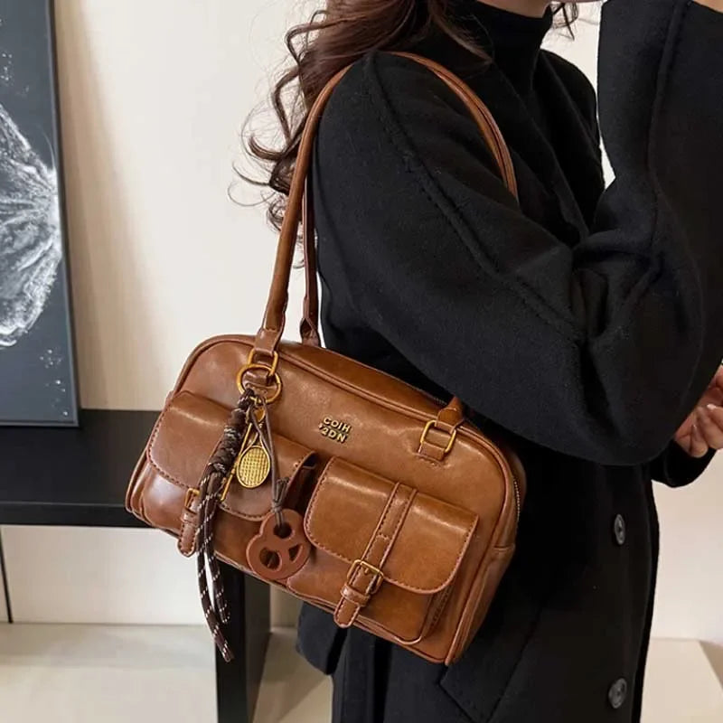 Women's Retro PU Leather Shoulder Bag with Multiple Pockets & Detachable Charm