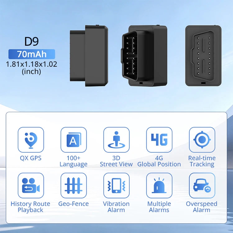 Black D9 GPS tracker device and various features listed on a smartphone screen.