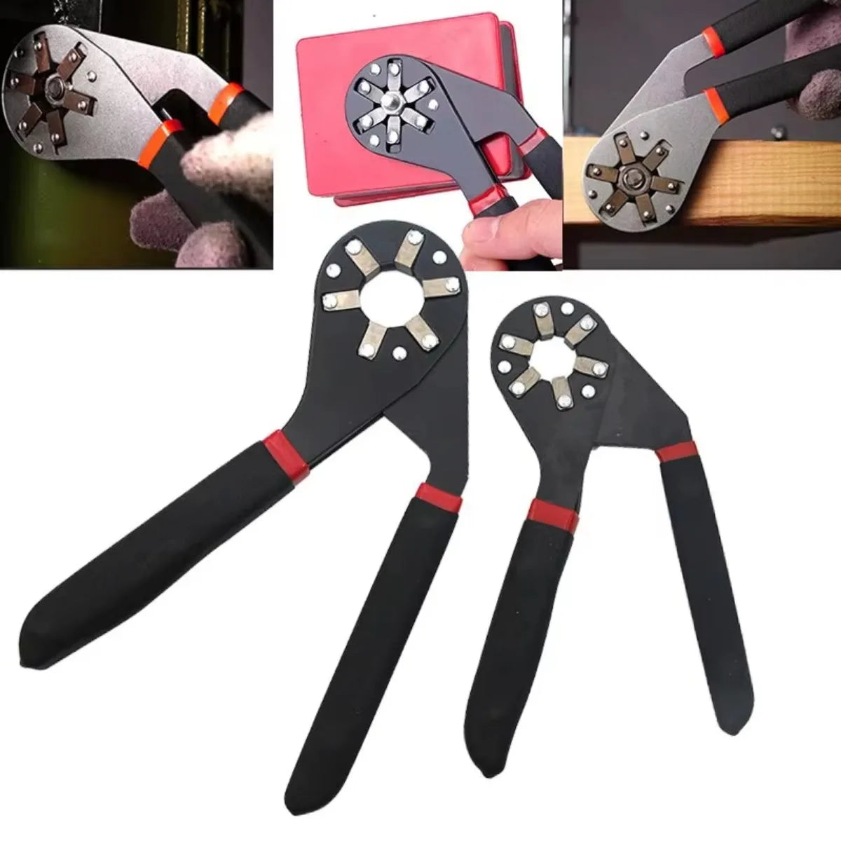 A set of adjustable magic wrenches shown in various angles and with a red notebook for context.
