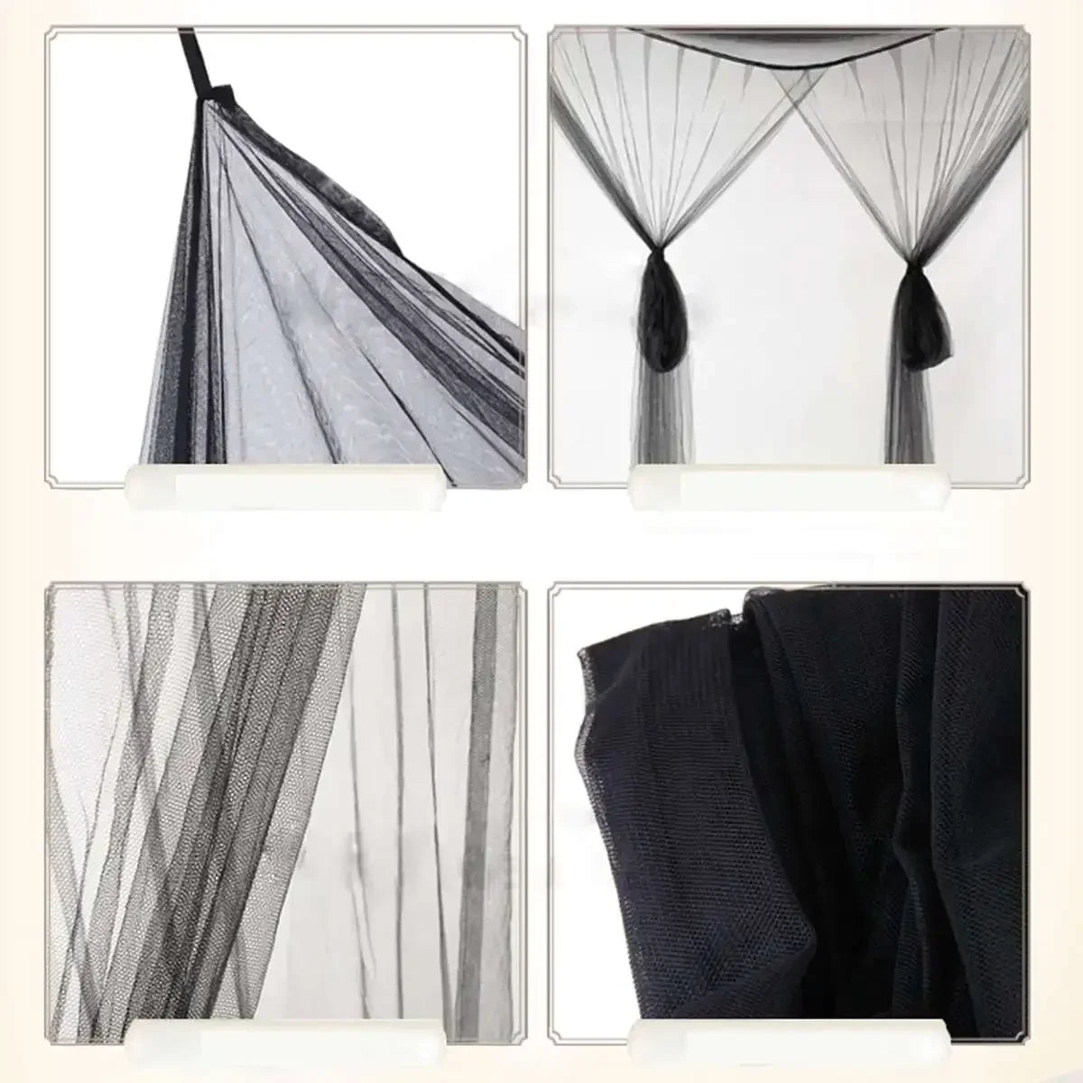 Elegant black lace canopy mosquito net draped over a bed frame.