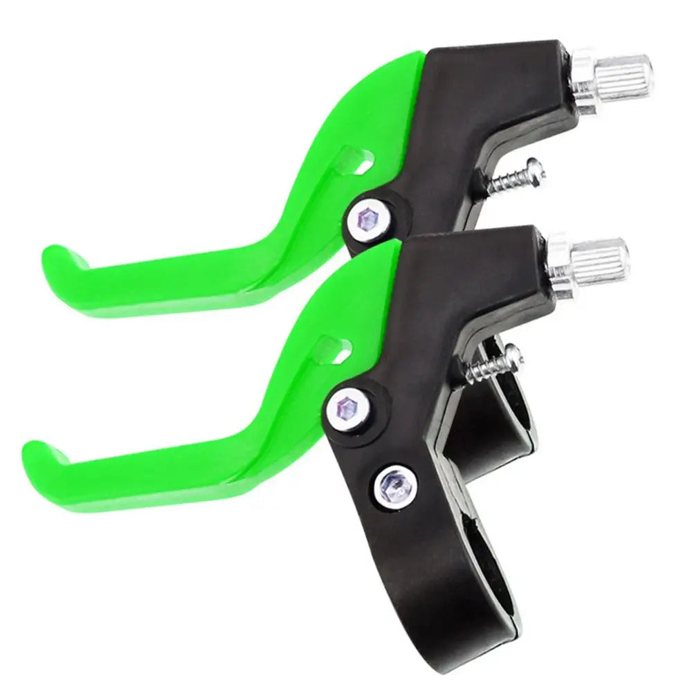 Pair of universal bike V-brake levers with ergonomic grip in green and black.
