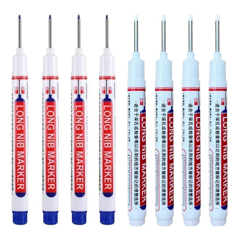 Eight long nib markers for metal and woodworking tools in various colors
