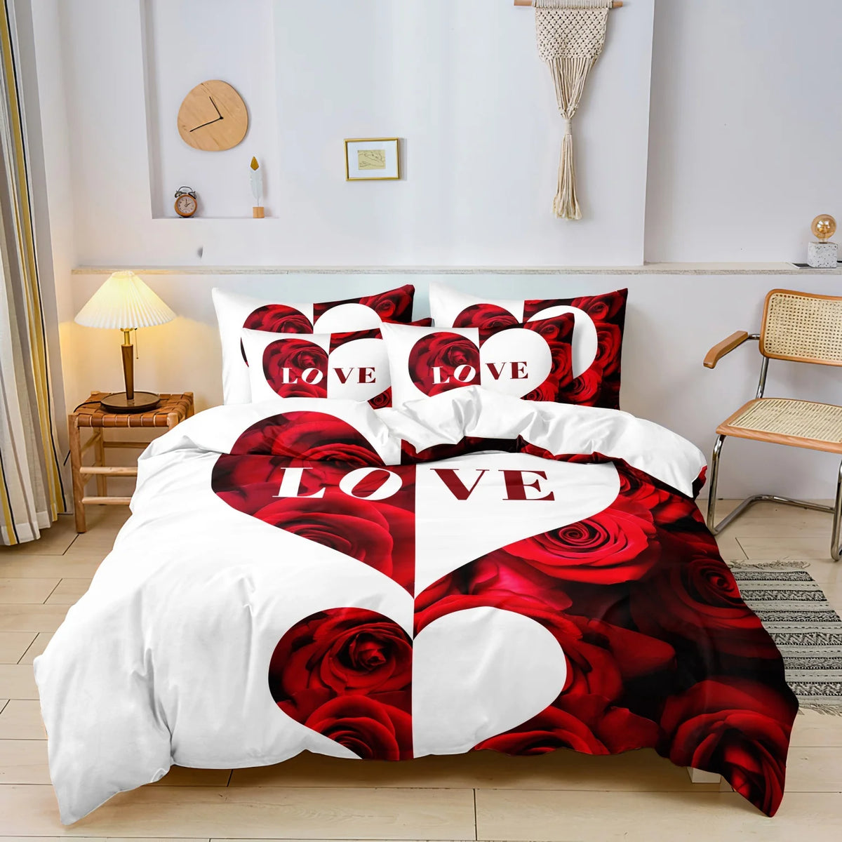 Dark Red Three-Piece Duvet Cover Set with Letter Print