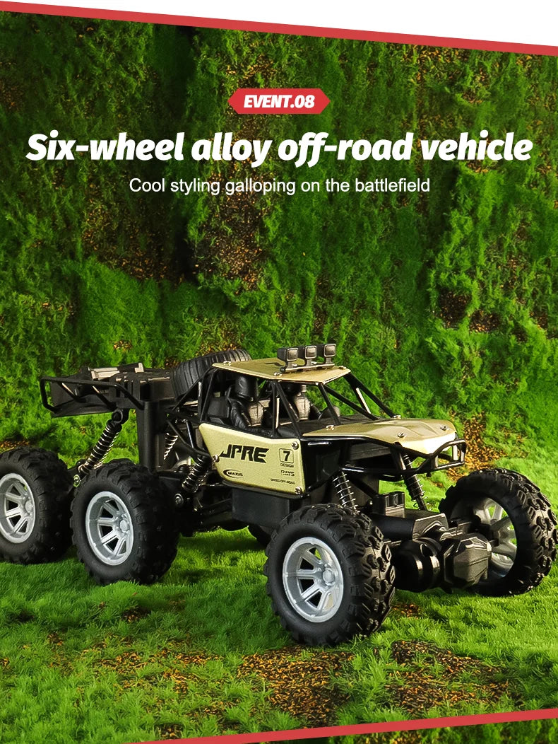 A yellow and black six-wheel alloy off-road RC vehicle galloping on green grass.