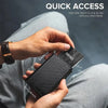 A hand holds a black RFID blocking pop-up wallet with a card holder, demonstrating the quick access feature.